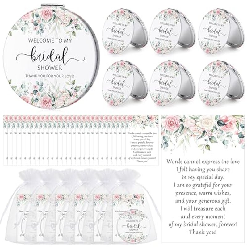 XunYee 24 Sets Bridal Shower Favors for Guests Flower Design Makeup Mirrors Leather Compact Mirrors Bridal Thank You Cards with Organza Bags Bridesmaid Gifts Wedding Party Favors Supplies