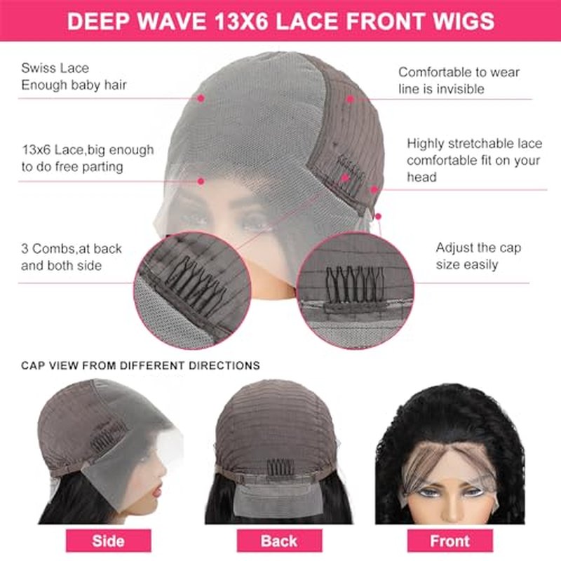 Deep Wave Lace Front Wigs Human Hair 13x6 HD Transparent 180% Density Glueless Wigs Deep Curly Lace Frontal Wigs Natural Color 24 Inch