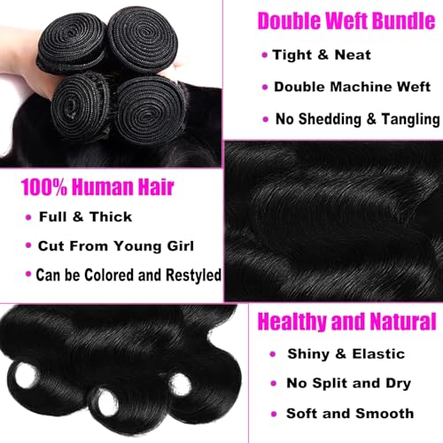 Body Wave Human Hair Bundles 12A Bundles Human Hair 100% Unprocessed Brazilian Virgin Weave Deals Human Hair Extensions for Women Natural Color 14 16 18Inch