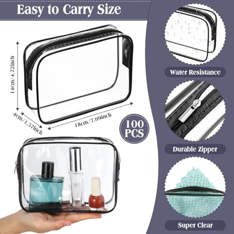Sanwuta 100 Pcs Clear Makeup Bags Bulk Tsa Approved Toiletry Bag for Travel Transparent Cosmetic Bag PVC Waterproof Travel Small Pouches with Zipper for Men and Women(Black)