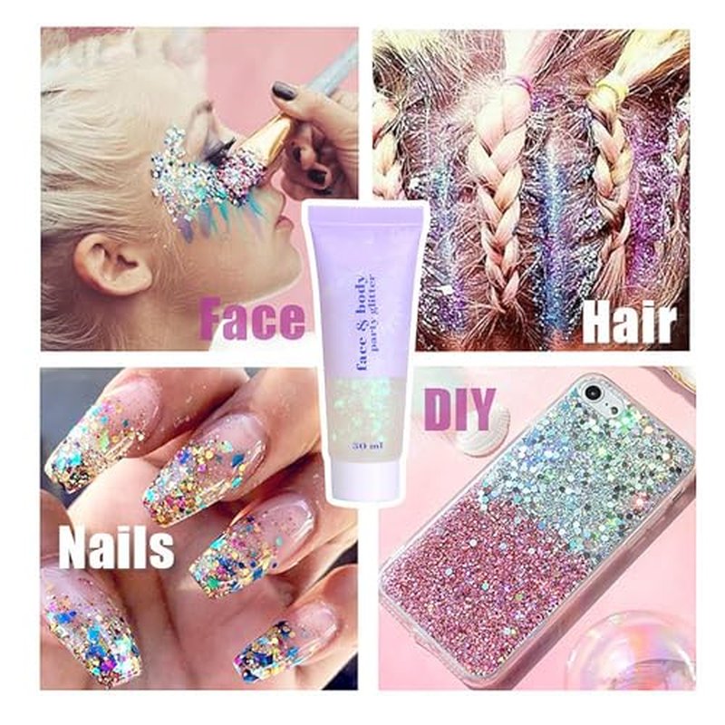 Go Ho Clear White Face Body Glitter - Party Flash Festival Rave Outfits for Women&Kids,Holographic Glitter White Face Paint,Halloween Mermaid Fairy Makeup Chunky Sequins Gel,Rave Pride Accessories