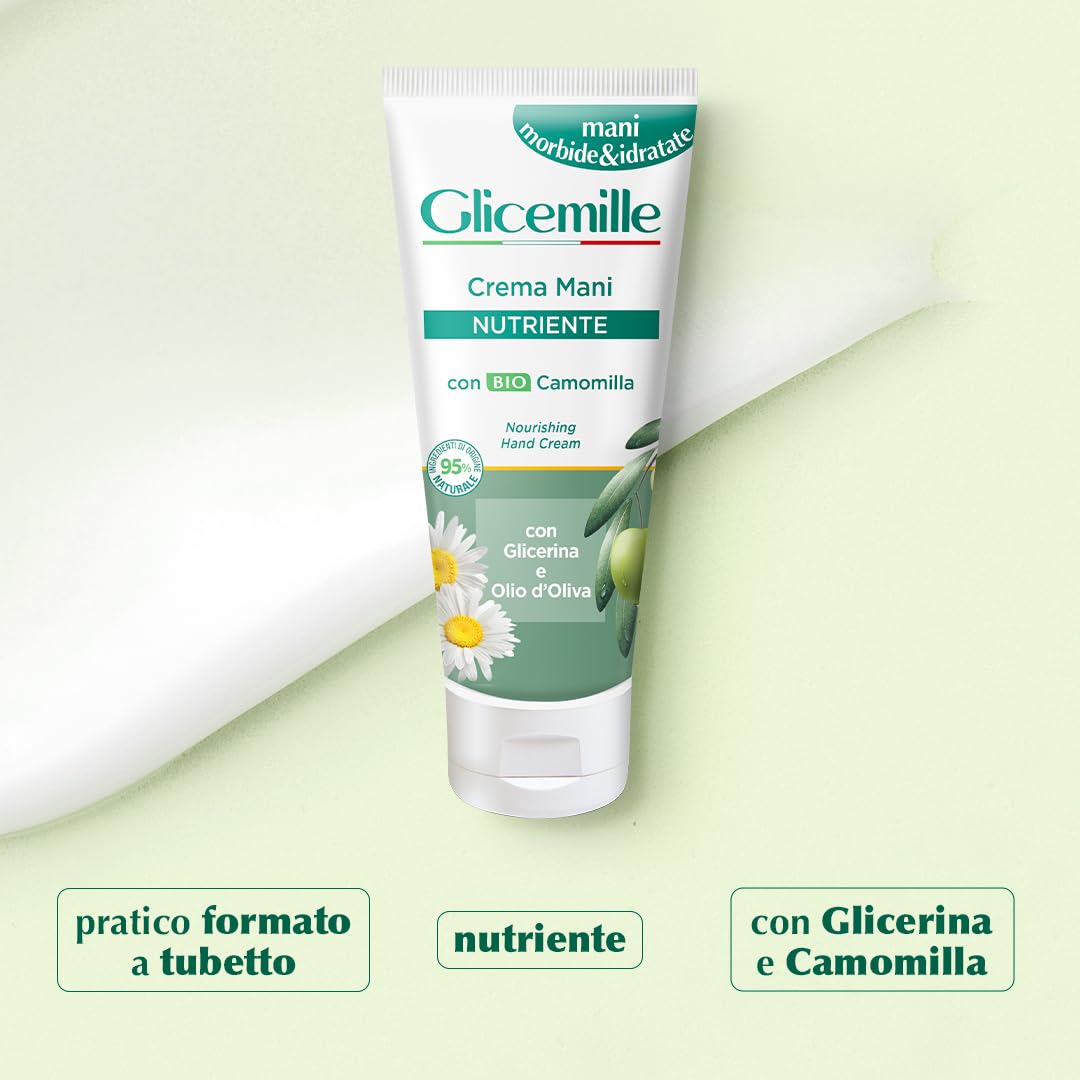 Glicemille Nourishing Hand Cream with Chamomile, Glycerin and Olive Oil, 100 ml (3.3 Fl Oz), 1 unit - Made in Italy