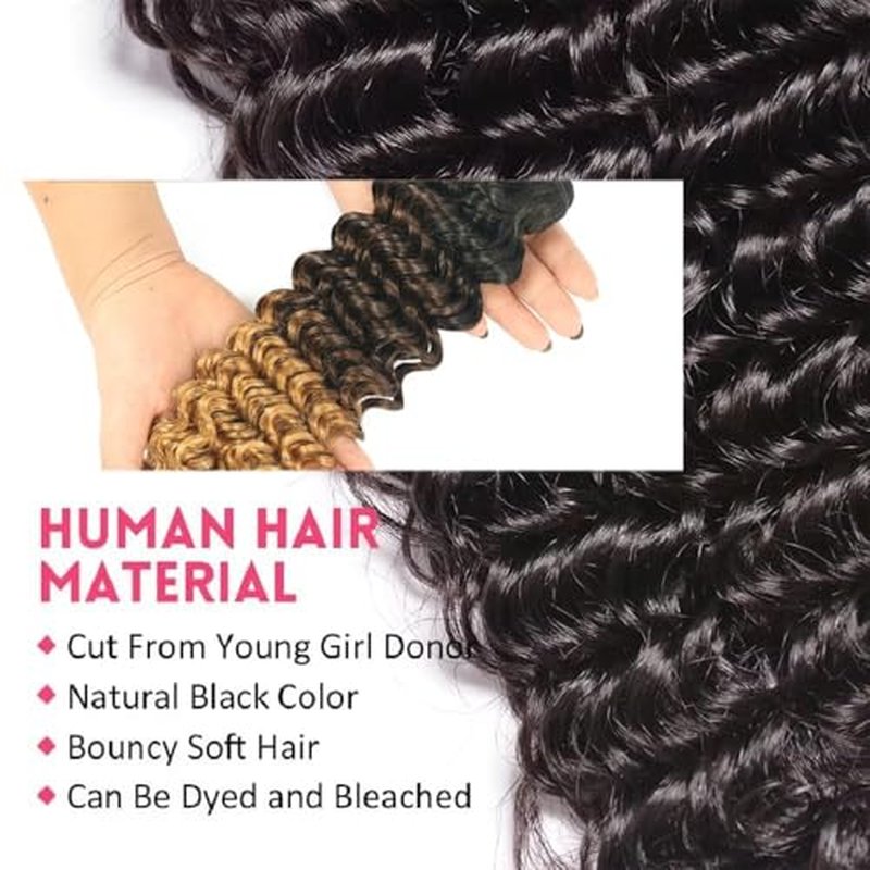 Deep Wave Bundles with Closure Human Hair 18 20 22 inch Human Hair Bundles with 16 inch 5x5 HD Lace Closure Free Part 100% Unprocessed Virgin Hair Bundle Deals Natural Color Soft
