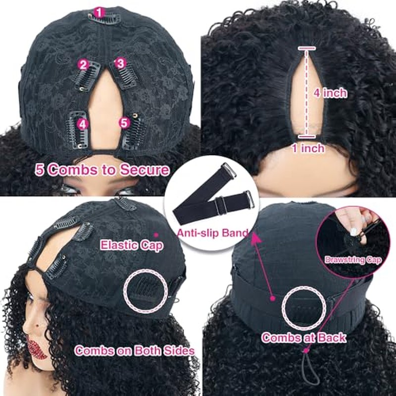 Glueless V Part Wigs Human Hair Afro Kinky Curly Upgrade U Part Wigs for Black Women Kinky Curly V Part Human Hair Wigs Full Head Clip In Half Wig 200% Density 20 Inch