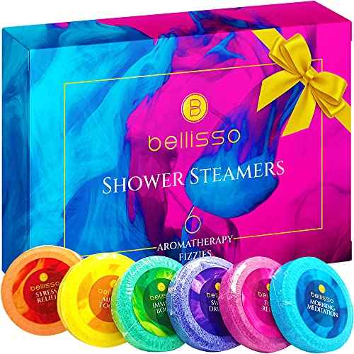 Aromatherapy Shower Steamers Gift Set, Six Fizzies - Uplifting, Relaxing, Stress Relief Scents for Women and Men - Self Care Home Spa Experience - Christmas Day Stocking Stuffers and Relaxation Gifts