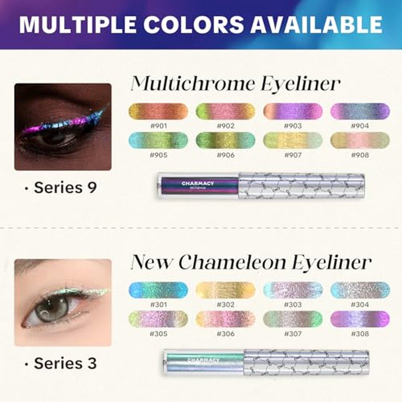 CHARMACY Chameleon Liquid Eyeliner, Liquid Glitter Eyeliner, Highly Pigmented, Metallic MultiColor Shifting waterproof Eyeliner, Ultra-Fine Tip, Longwearing, Smudge-proof (#301)