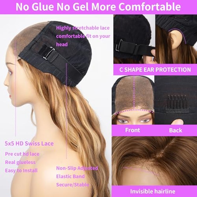 #4/27 Ombre Highlight Lace Front Wigs Human Hair Pre Cut 5X5 Glueless Honey Blonde Body Wave Wigs for Women Pre Plucked with Baby Hair Lace Closure wig 200% Density £¨20inch£©