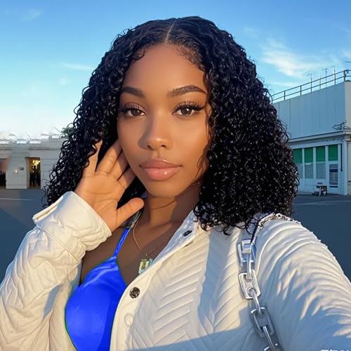 13x4 HD Lace Front Bob Wigs Human Hair Deep Wave Pre Plucked Short Curly Bob Wig Human Hair Transparent Lace Frontal Wigs for Black Women Natural Black 12 Inch