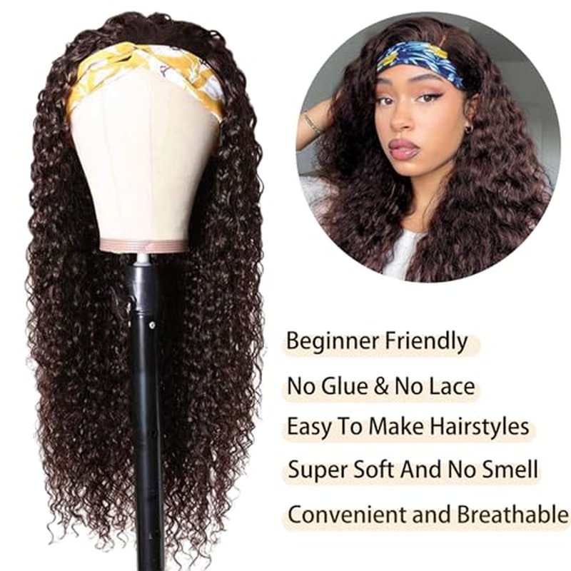 Aiterina Headband Wig Human Hair Headband Wig Deep Wave Human Hair Wigs for Black Women Glueless Human Hair Wigs Machine Made 150% Density No Lace Deep Headband Wig Chocolate Brown 24 inch