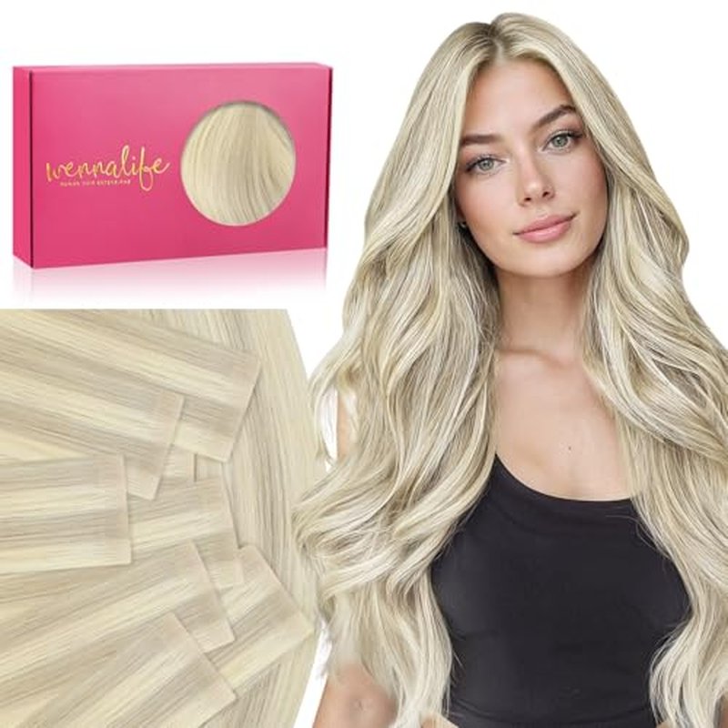 WENNALIFE Invisi Edge Tape in Hair Extensions Human Hair, 20 Inch 50g 20pcs Ash Blonde Highlighted Platinum Blonde Invisible Luxury Remy Hair Extensions Natural Seamless Injected Tape Ins Straight