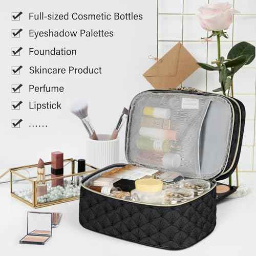 IGOLUMON Travel Makeup Bag Double Layer Make Up Bag Portable Large Cosmetic Bag Wide-open Toiletry Bag for Women Roomy Cosmetic Case Pouch Multifunction Organizer Storage Bag, Black