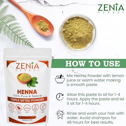 Zenia 100% Pure & Natural Henna Powder (Lawsonia Inermis) | 100 grams (3.5 oz) | Orange-Red Hair Color | Triple Sifted | Fresh from Rajasthan | No Chemicals, No Additives
