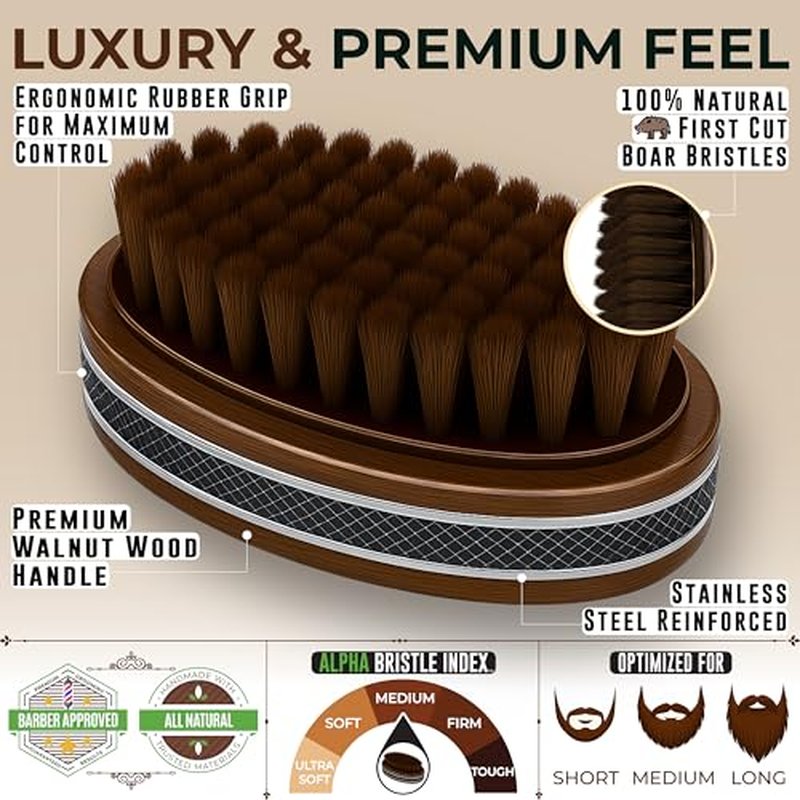 Premium Handmade 4.5" Boar Bristle Beard Brush for Men ? Natural Walnut Wood & Non-Slip Rubber Grip ? Men¡¯s Grooming Brush for Short, Medium & Long Beards ? Mustache & Beard Care Tool ? Alpha Organics