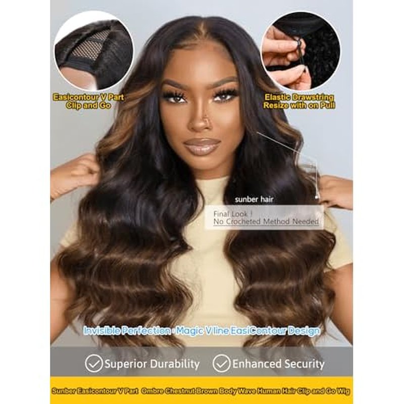Sunber EasiContour V Part Human Hair Glueless Ombre Chestnut Brown Body Wave Wig Upgrade Vpart Wigs 180% Density No Leave Out No Gel V Shape Clip No Sew in Beginner Friendly Put On and Go 16Inch