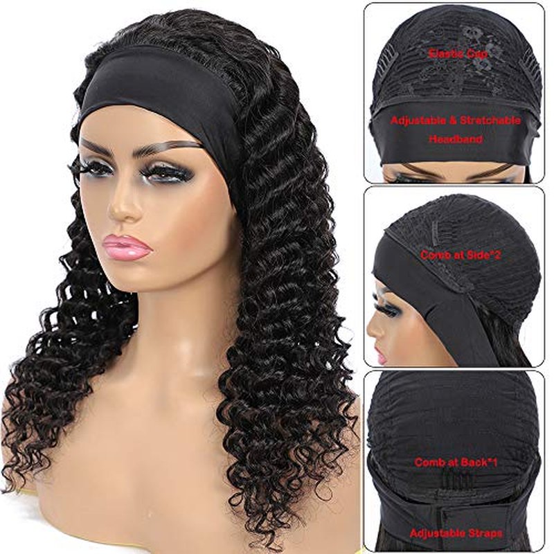 Rebasar Curly Headband Wig 24 Inch Deep Wave Human Hair Wigs for Black Women Glueless No Lace Front Wigs Human Hair Headband Wig Wear and Go Brazilian Virgin Hair Black Curly Wig