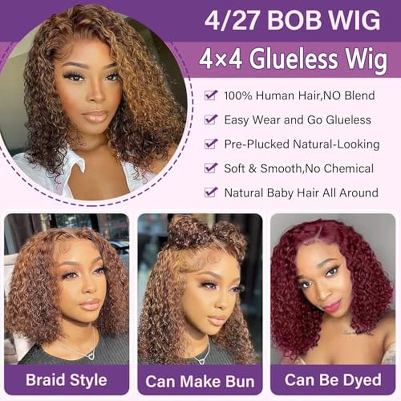 Glueless Wigs Human Hair Pre Plucked Pre Cut 4/27 Highlight Ombre Honey Blonde Curly Wigs Human Hair for Beginners 4x4 Deep Wave Lace Closure Glueless Wigs for Black Women 18 Inch