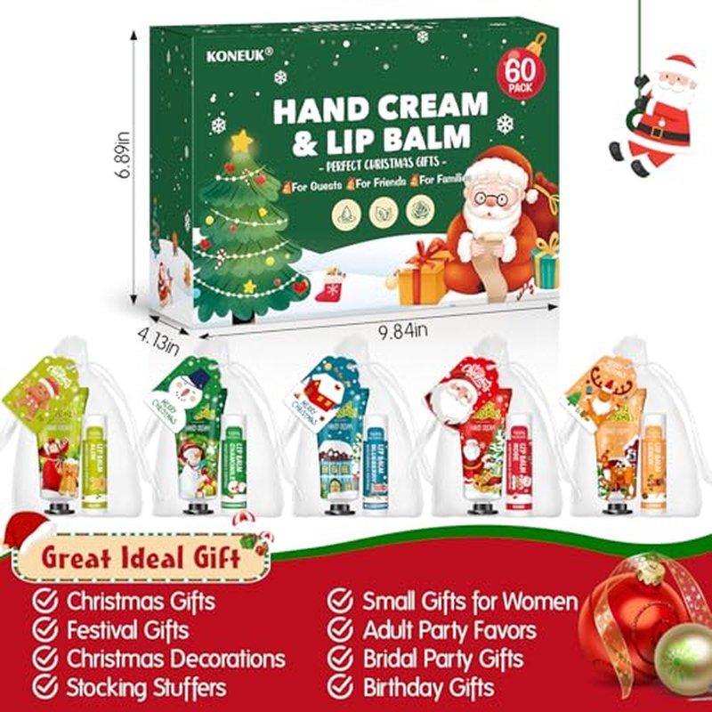 60 Pack Christmas Hand Cream and Lip Balm Set, Stocking Stuffers for Women, Bulk Hand Lotion for Christmas Gifts, Christmas Party Favors, Party Supplies and Christmas Decorations