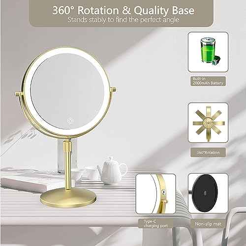 8" Lighted Makeup Mirror, 1X/10X Magnification, Double Sided Dimmable, Rechargeable & Height Adjustable, Cordless Vanity Mirror (Gold)