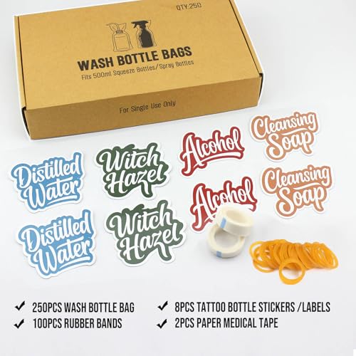Wash Bottle Bags?250PCS Tattoo Bottle Covers for 17oz/500ml Squeeze & Spray Bottles, with 8 Bottle Stickers, 2 Paper Tapes, 100 Rubber Bands?Professional Tattoo Supplies Accessories Kit (Clear Kit)