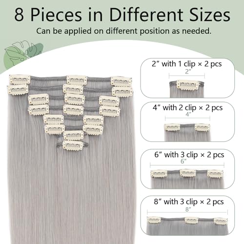 Clip in Hair Extensions Human Hair S-noilite Gray Human Hair Short Hair Clip in Extensions Full Head 8 Pieces/18 Clips 100% Real Human Hair Silky Straight 10"-70g Light Gray (#G1)