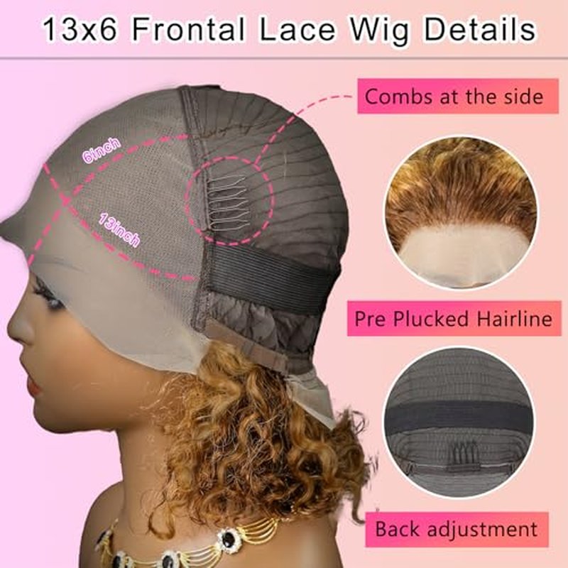 Highlight Ombre 13x6 Bob Wig Human Hair Deep Curly Frontal Lace Wig Human Hair HD Transparent Lace Front Wigs Pre Plucked Lace Frontal Wigs 16 Inch