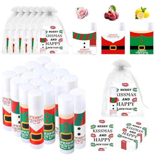 Christmas Lip Balm Bulk, 18Pcs Christmas Lip Balm Set with Cards and Organza Bags, Xmas Lips Balms Gift Set for Teens and Adults, Xmas Stocking Stuffer Party Supplies, Lips Care