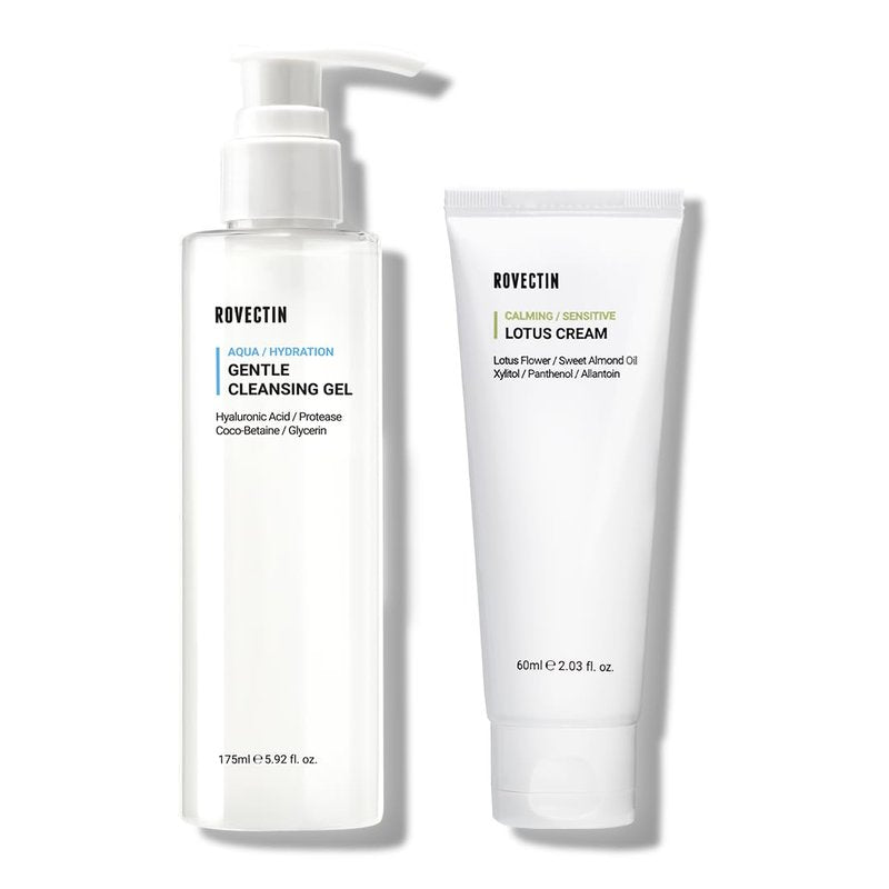 ROVECTIN Calming Lotus Water Cream (2.1 fl.oz, 60ml) Moisturizer + Aqua Cleansing Gel (5.9 fl. oz, 175ml) pH| Bundle [2 Pack]