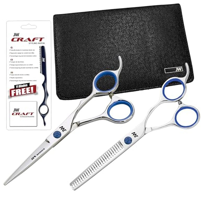 JW Shears Professional Hairdressing Shear, Thinner, Razor and Case Set (5.75" Silver/Blue)