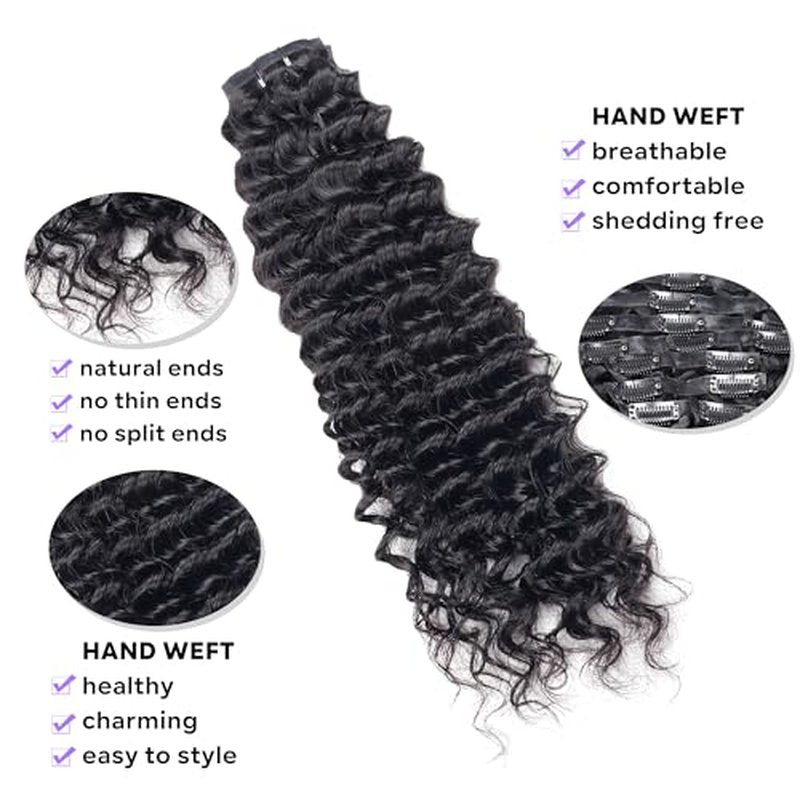 Seamless Clip in Hair Extensions Real Human Hair Deep Wave Brazilian Virgin Human Hair Clip in Extensions for Women 8Pcs PU Remy Hair Skin Weft with 18Clips 120g 22inch Natural Black