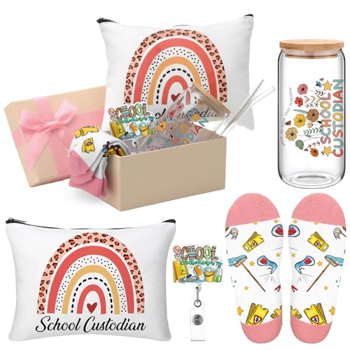 Skylety 5 Pcs Christmas School Custodian Gifts for Women 16 oz Glass Cup Socks Cosmetic Bag Badge Holder School Custodian Appreciation Gift Box for Thank You Janitor Staff Cleaning Lady