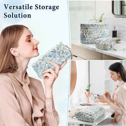Cute Makeup Bag for Women(2 Pcs), Travel Cosmetic Bags, Quilted Coquette Aesthetic Floral Toiletry Organizer Bag (46 - Sky Blue/4Pcs)