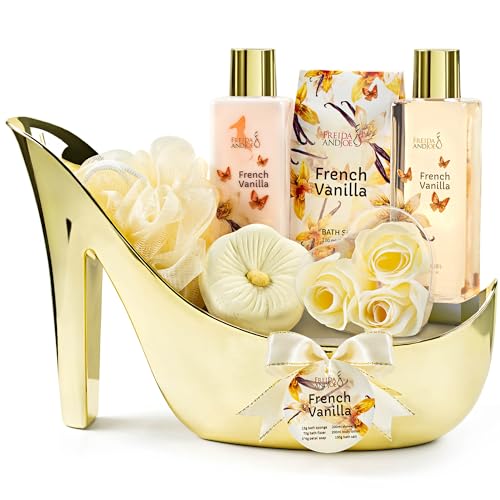 Freida & Joe Elegant 9-Piece Bath Set in High Heel Shoe ? Luxurious Spa Gift Basket for Women, Includes Shower Gel, Body Lotion, Bath Salts, Soap Flowers, Bath Fizzer & Sponge (French Vanilla)