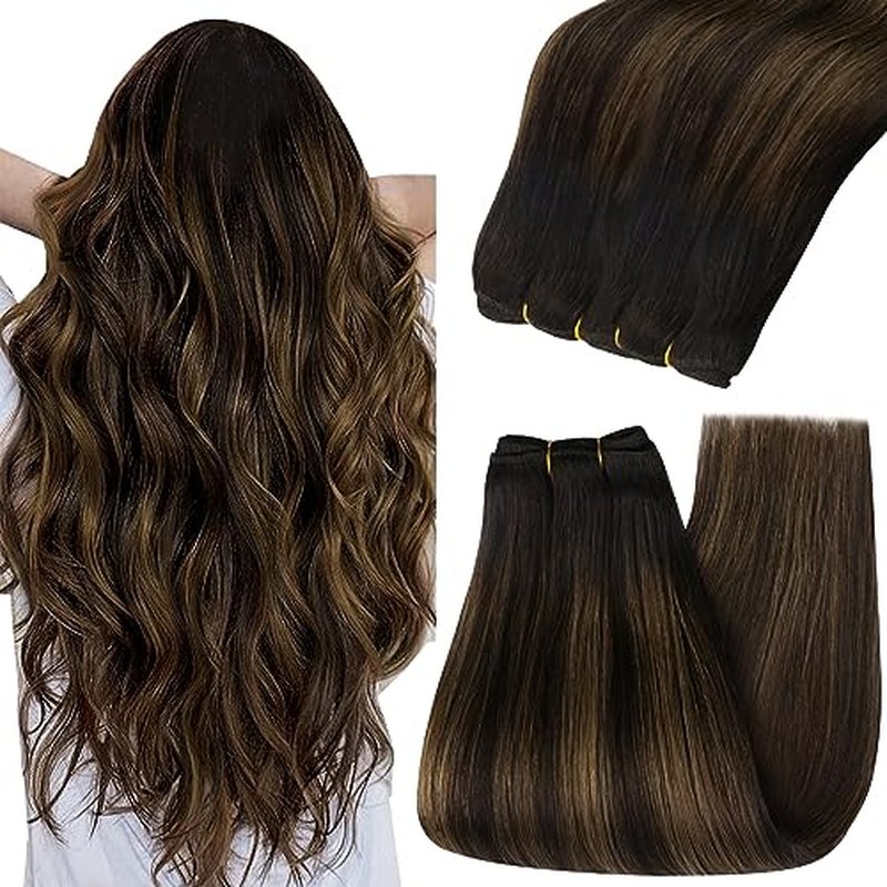YoungSee 125g Weft Hair Extensions Brown Balayage Sew in Hair Extensions Balayage Medium Brown Mix Dark Sew in Hair Extension Real Human Hair for Women 22 Inch