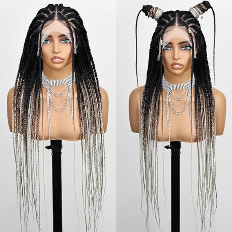 30 Inch Braided Wig Non Embroidered Full Lace Knotless Box Braided Wigs 3 Tones T1B/30/613 Long Braiding Hair Wigs Synthetic Lace Front Wigs for Women