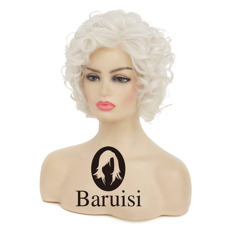 Baruisi Short Curly Cream White Wigs for Women Synthetic Natural Curly Layered Halloween Cosplay Wig