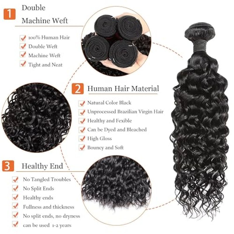 Water Wave Human Hair Bundles 12A Double Weft Deep Curly Wave Bundles 100% Unprocessed Brazilian Virgin Human Hair Natural Black Color Wet And Wavy Hair Extensions 22 22 22