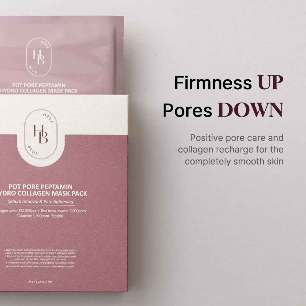 HEVEBLUE Pot Pore Peptamin Hydro Collagen Mask Pack 4ea - Hydrating Overnight Hydrogel Mask, Skin Firming, Pore Tightening, Hypoallergenic,Collagen Ampoule Absorbing Over Time