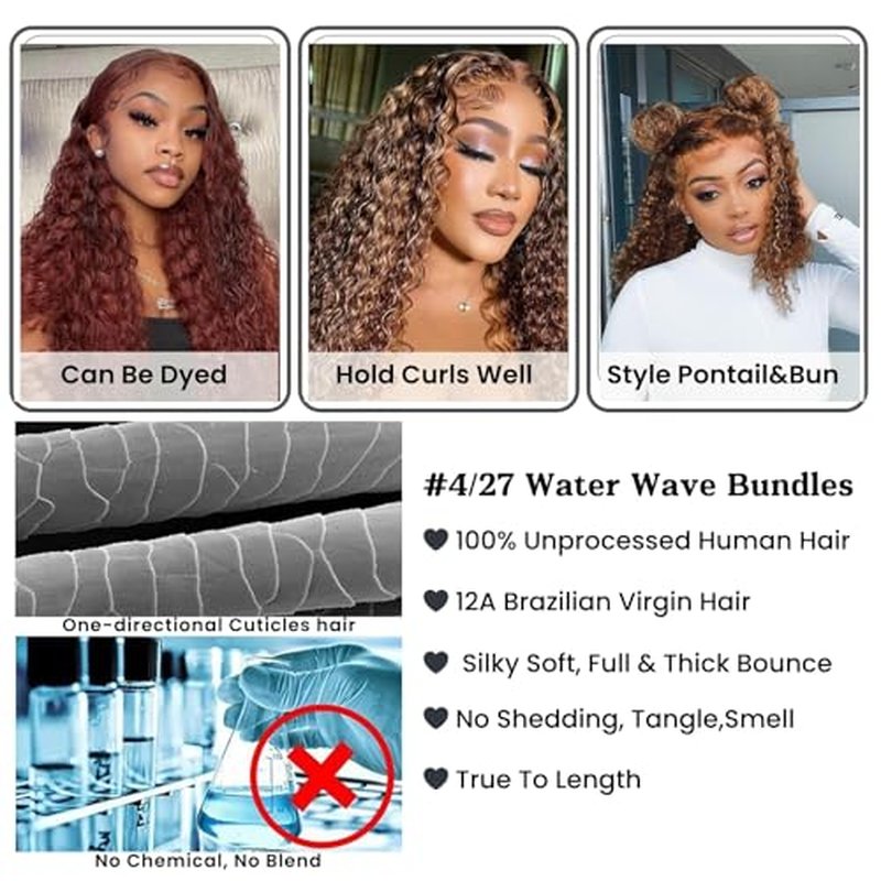 ALHER Honey Blonde Highlight Water Wave Bundles 28 Inch P4/27 Ombre Single Bundles Wet and Wavy Bundles Human Hair Highlight Brown Color 12A 100% Brazilian Virgin Remy Hair for Black Women Soft Thick