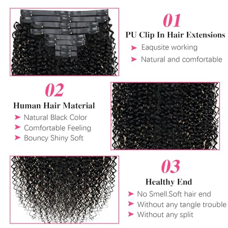 Seamless Clip In Hair Extensions Real Human Hair Invisible PU Kinky Curly Clip Ins Human Hair Extensions 8pcs with 18Clips Per Set 120g(26inch,Natural Black)