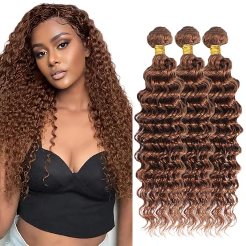 Color #30 Brown Bundles Human Hair Deep Wave 3 Bundles 28 28 28 Inch Unprocessed Brazilian Virgin Remy Light Brown Deep Wave Bundle Human Hair Extensions