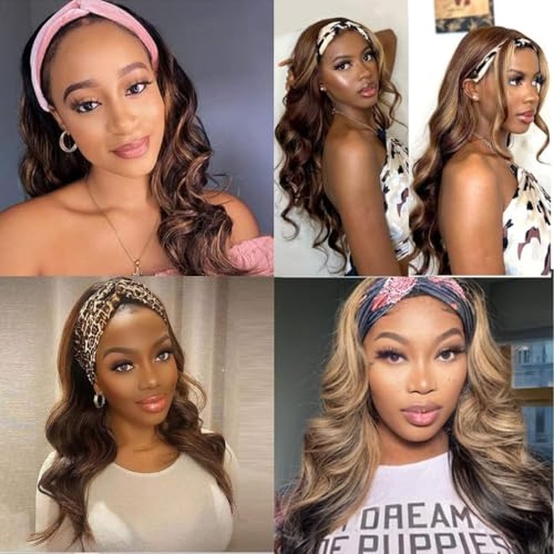 Ombre Headband Wig Human Hair #4/27 Highlight Body Wave Headband Wig Glueless None Lace Front Wig Brazilian Virgin Human Hair Wigs for Black Women Wear andGo Wig 180% Density 22 inch