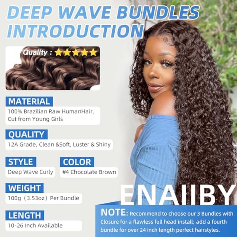 Chocolate Brown Bundles Human Hair 10 12 14 Inch Brazilian Color 4 Deep Wave Bundles Human Hair Unprocessed Breezy Wave Virgin Hair for Black Women with Silky Texture & Quick Weave