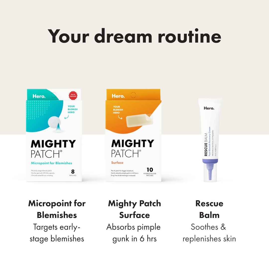 Mighty Patch Surface Large Pimple Patches for Face from Hero Cosmetics, Acne Spot for Body, Cheek, Forehead, and Chin, Pimple Stickers, Hydrocolloid Covers, Vegan-friendly, 10 Count