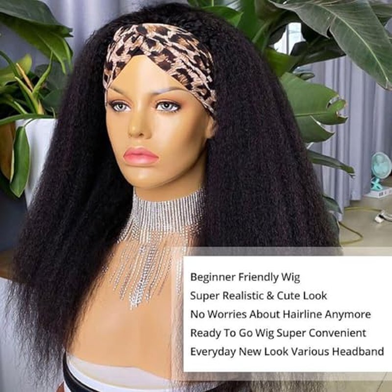 Kinky Straight Human Hair Headband Wigs 24 Inch Glueless None Lace Front Wigs Machine Made Virgin Kinky Straight Human Hair for Black Women 180% Density Natural Color