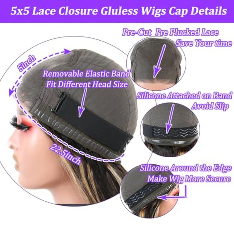 26 Inch 5x5 HD Lace Closure Wigs Human Hair Body Wave Wear and Go Glueless Wigs Pre Plucked Pre Cut P4/27 Honey Blonde Highlight Ombre Lace Front Wig Human Hair Wig 180% Density