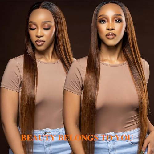 12A Brazilian Ombre Straight Human Hair Bundles with 4x4 Lace Closure 2 Tone T1B/30 Black to Brown 100% Unprocessed Virgin Remy Hair,Free Part (16 18 20+16)