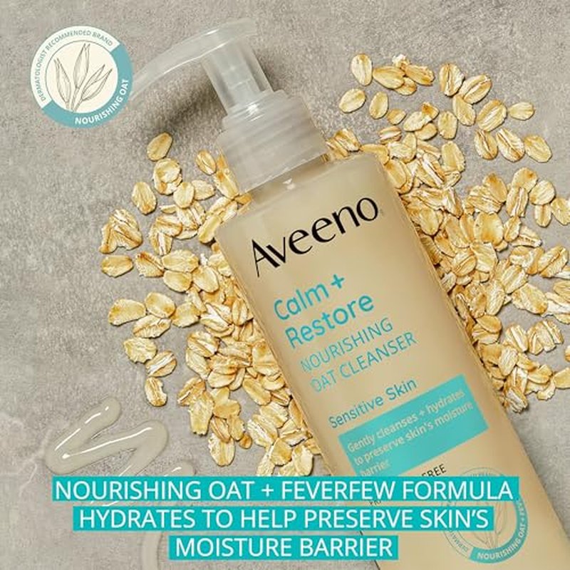 Aveeno Calm + Restore Facial Cleanser for Sensitive Skin, Hydrating Gentle Milky Face Cleanser with Nourishing Oat and Feverfew, Hypoallergenic Formula, Fragrance Free, 7.8 fl oz