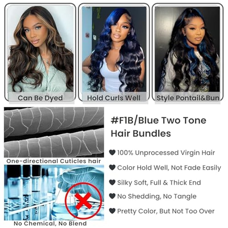 ALHER Black Mix Midnight Blue Bundle Human Hair Body Wave, 12A Soft Thick 3 Bundles Wavy Human Hair, 100% Remy Hair Balayage Two Tone Subtle Colored Double Weft (#1B/Blue, 12 14 16 IN)