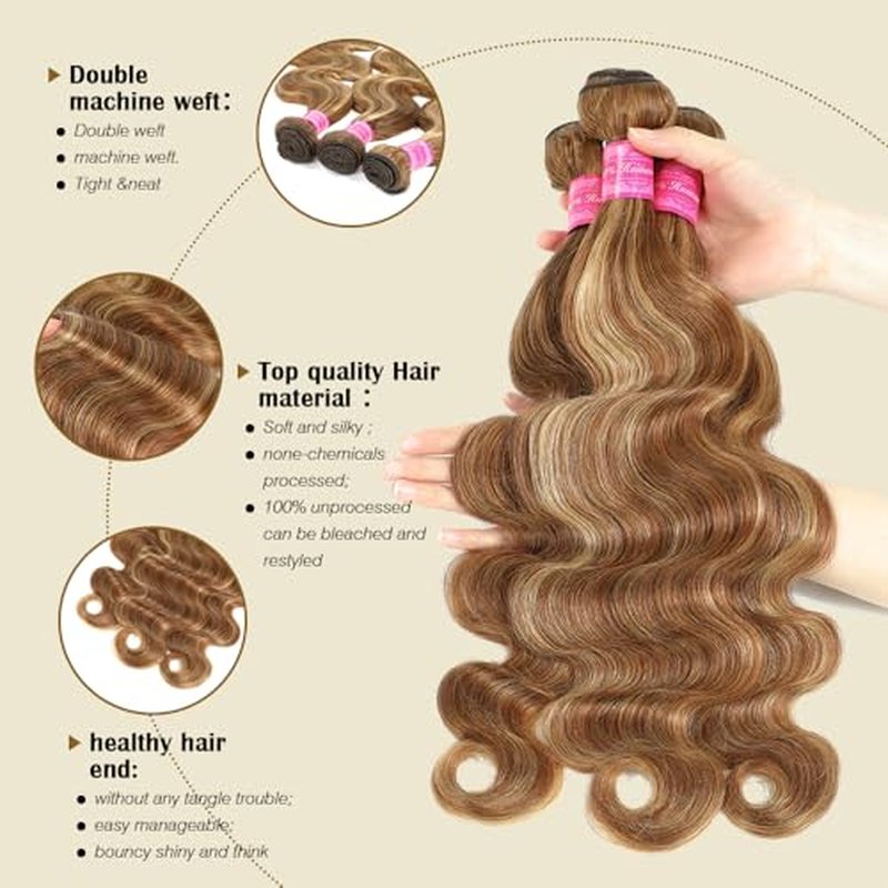 Ombre Highlight Body Wave Bundles Human Hair Honey Blonde 3 Bundles Human Hair 18 20 22 Inch Soft and Healthy 100% Unprocessed Brazilian Virgin Remy Hair Double Weft for Black Women p4-27