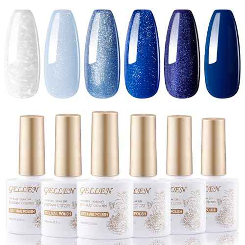 GELLEN Blue Gel Nail Polish Set, 6 Colors Glitter Royal Navy Dark Blue Pearlescent Shell White Nail Gel Polish Kit, Soak Off UV Gel Polish Winter Nail Art Design DIY Manicure Gift for Her